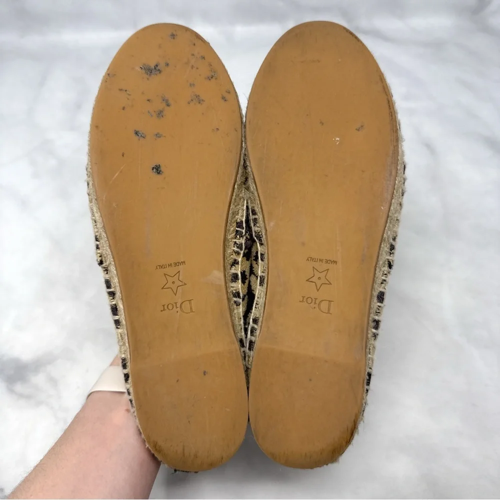 Christian Dior Granville Leopard Jacquard Logo Flat Espadrille Sandal Shoes 37.5